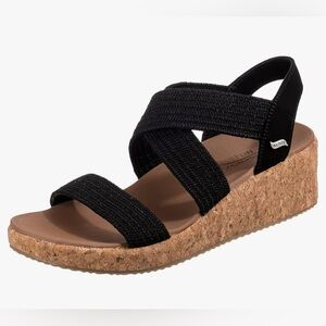 NWOT Sketchers Arch Fit Black Beverley-Love Stays Wedge Sandal - 9.5